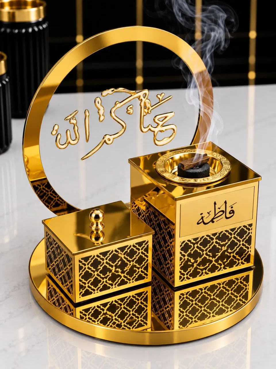 مبخرة فاطمة – طقم مبخرة أكريليك ذهبي مع عود موروكي 4 طقم مبخرة أكريليك ذهبي – مبخرة فاطمة