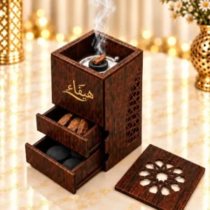 مبخرة خشبية بدرجين للعود والفحم من سامريكس بتصميم بني مزخرف وغطاء علوي مفرغ